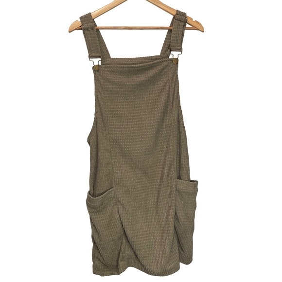 SHEIN Dresses & Skirts - Women's Olive Taupe Waffle Knit Pinafore Dress Mini Overall Style Size L Pockets